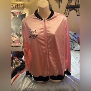 Satin Pink  “Pink Lady” Lightweight zipper closure black cuffs.  Size Large